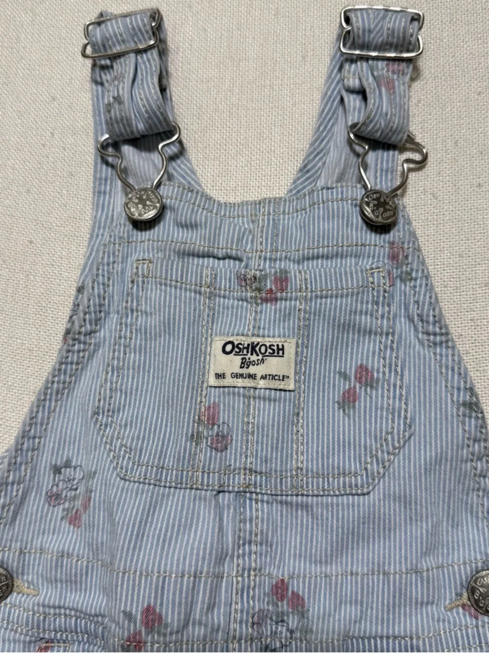 OshKosh B'gosh Light Blue Pinstripe Floral Short Overalls Toddler Kids Girls 2T